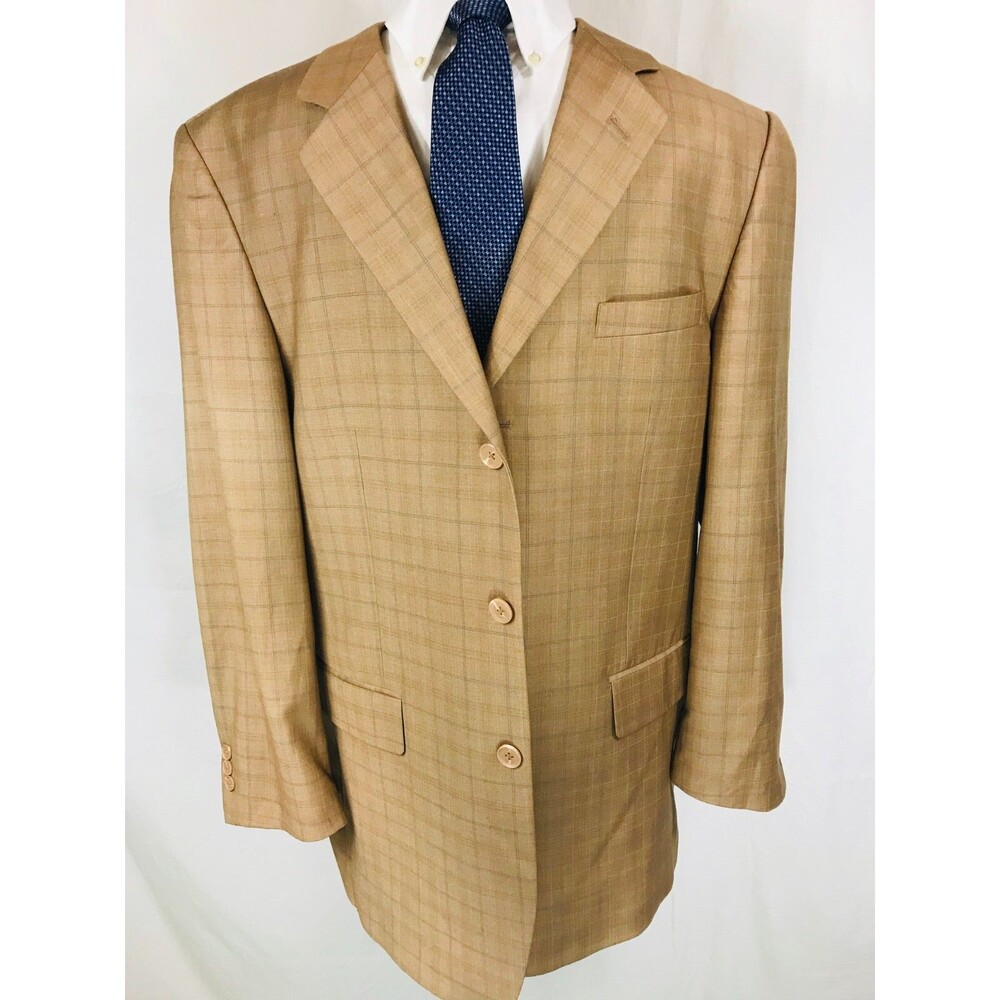 Hand Tailored Riccardo Italia Men's Three Button Blazer Tan Plaid Size 42L